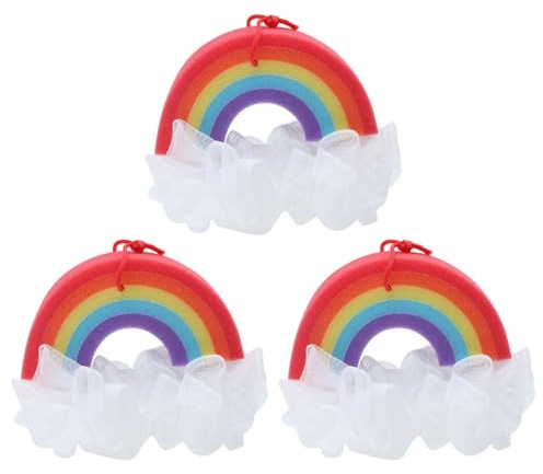 3 Stück Regenbogen Badekugeln aus Schwamm und Nylon, Duschbälle | Hängeschnur zum Aufhängen, für Kinder und Erwachsene, Körperpeeling, Entfernt Abgestorbene Haut