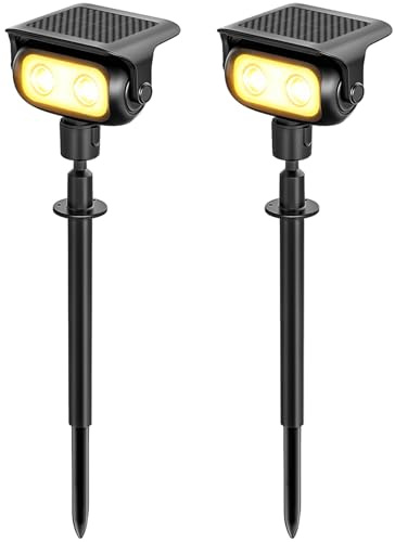 MEEKBOS LED Solar-Gartenstrahler, 2 Stück, 3000 K Warmweiß, mit Erdspieß | Solarlampe mit Dämmerungssensor, IP65 wasserdicht, für Garten, Rasen, Wege und Außenbereiche
