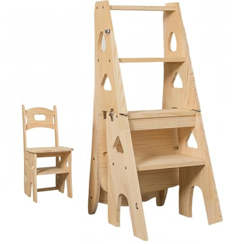 OUGHTOSIS 3 in 1 Flip Ladder Chair, Solid Pinewood Folding Step Ladder Library Stool, Convertible Chair/Ladder/Rack, Multi-Purpose Wooden Furniture, Load-Bearing 150KG