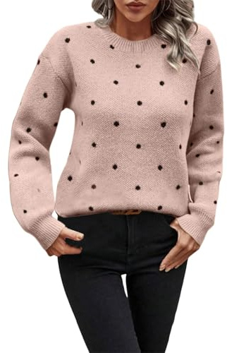 Forandiu Pull en tricot jacquard à pois pour femme Col rond Coton Laine Pull Automne Hiver Tops Mode