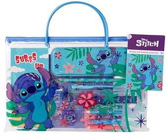 Disney Stitch Juego de viaje de escritura y dibujo, kit de pintura y manualidades para niños con estuche, lápices y hojas para colorear, juego de viaje creativo en bolsa con asa, regalo de Lilo y