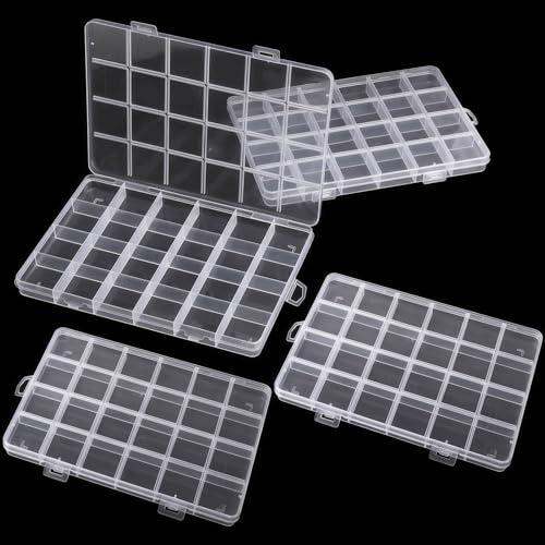 4 Stück Sortierboxen für Kleinteile mit Deckel, Setzkasten 24 Fächer Transparent, Aufbewahrungsboxen Kunststoff, Aufbewahrungsbox mit Fächern für Schmuck Perlen Ohrringe Schrauben DIY Organizer Box