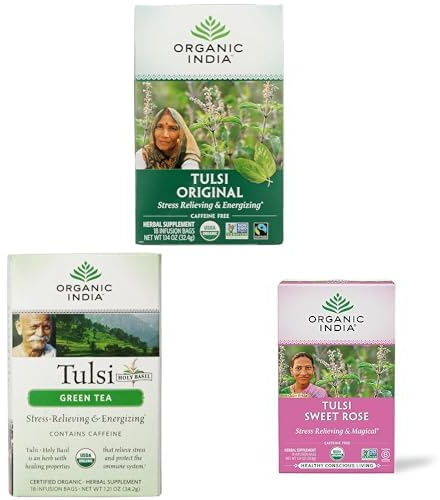 Organic India Discovery Set - Tulsi Original, Tulsi Green & Sweet Rose - Adaptogenic Herbal Tea Selection & Sampler for Balance & Wellbeing - 3 x 18 Individually Wrapped Tea Bags