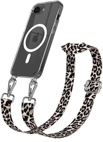 EAZY CASE Handykette - Verstellbares Taschenband kompatibel mit iPhone 17e, Schulterriemen, Handykordel mit Silikon Hülle, Qi Charging kompatibel, Umhängetasche, Leo - Schwarz Beige Silber