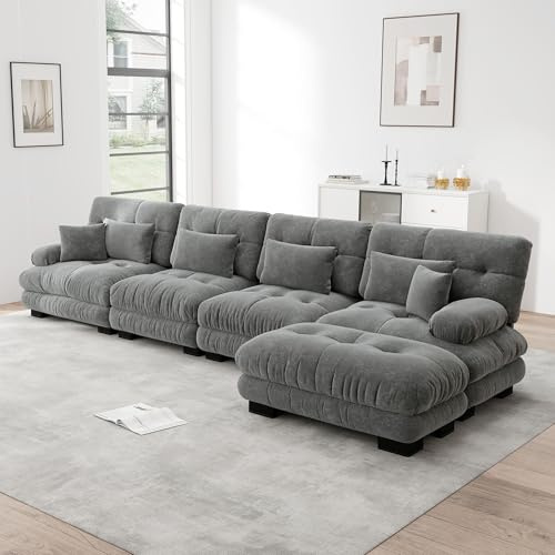 BLUON HOME Cord schlafsofa 4 Personen,Big Sofa,Sofa,Modulares Ecksofa, L-förmiges Couch Set für Wohnzimmer, 4-Sitzer Komfortable Cloud Couches mit beweglichem Ottoman, DIY-Kombination (Grey)