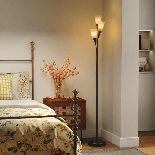HOMCOM 3-Light Upright Floor Lamps Standing Lamp Steel Base Black | for Living Room, Modern, for Bedroom, Bulb not Included