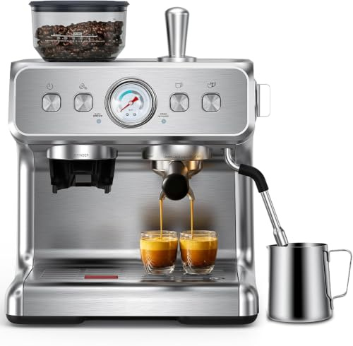 COWSAR Edelstahl Espressomaschine mit integriertem Kegelmahlwerk | 30 Mahlgradeinstellungen, PID-Temperaturregelung, Manometer & Tassenwärmer für Espresso, Cappuccino und Latte Macchiato