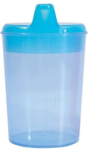 Drinking/Feeding Cup with 2 Spouts and graduated measurements on Side. Narrow Spout for drinking Liquids, Wider Spout for more Solid or Blended Food. Easy to hold and use. Reduces risk of Spillage.