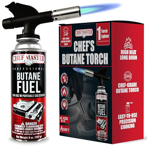 Chef's Torch, Kitchen Torch, Cooking Torch, Refillable Butane Torch Lighter w/ Adjustable Flame for Searing Steaks, Creme Brulee, Desserts, BBQ, Baking, Craft by Chef Master 90014(Butane Not Included)