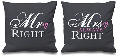 60 Second Makeover Limited Mr Right Kissenbezüge Mrs Always Right, 40,6 x 40,6 cm, für Paare, Valentinstag, Hochzeit, Jahrestag, Schlafzimmer, Grau