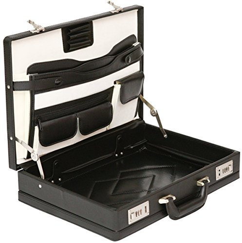 Tassia Professional Leather Expandable Executive Attache Case Briefcase - Business Briefcase - Black Briefcases with Combination Locks - Laptop Hand Luggage Pilot Case