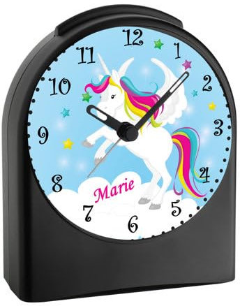 CreaDesign, WU-50-1034-01, Einhorn Farbe Blau, analog Kinderwecker schwarz, Funkwecker ohne Ticken, mit Licht, personalisiert mit Namen, 9,6 x 5,5 x 11,9 cm, 104 g