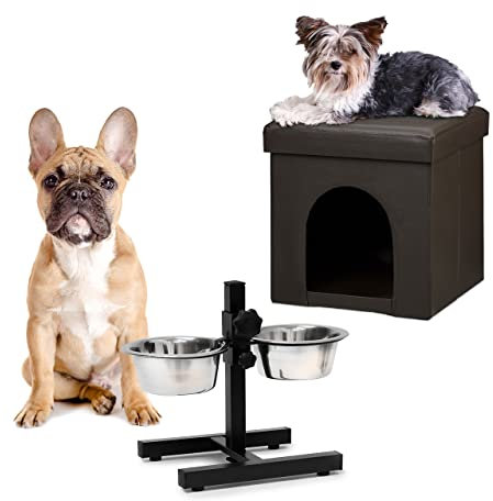 Relaxdays 2 TLG Set Home Sweet Hund Deluxe M, Hundebox braun, Sitzhocker mit Tierhöhle, Doppelnapf höhenverstellbar, Futterstation