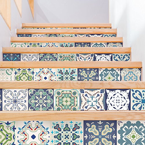 Selbstklebende Aufkleber Treppe Fliesen | Aufkleber Kontremarch Zementfliesen - Aufkleber Konterbogen Fliesen | Treppe Zementfliesen selbstklebend - Azulejos - 15 x 105 cm - 6 Streifen