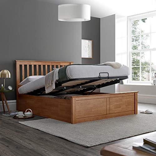 Oak Ottoman Storage Bed, Happy Beds Malmo Wood Modern Bed - 4ft6 Double (135 x 190 cm) Frame Only