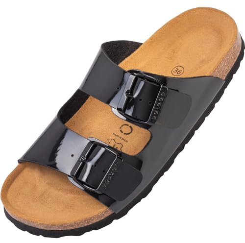 Palado Pantoletten Damen Korfu Lack - gefertigt in Spanien - glänzende Oberfläche - Veloursleder-Decksohle - bequemes Weichfußbett - rutschfeste EVA-Sohle Schwarz/Schwarz UK3,5 - EU36