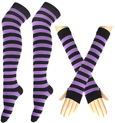 BundleMall Set di 2 paia di guanti lunghi in maglia a righe, calze a righe, leggings per feste in costume, Nero e viola chiaro, Taglia unica