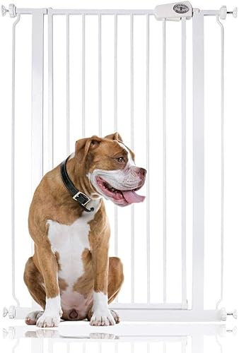 Bettacare Puerta para Mascotas Premium Alta Instalada a Presión, 68.5cm - 75cm, Blanca, Alta de 104cm de Altura, Puerta de Escalera con Ajuste a presión para Perro, Barrera de Seguridad