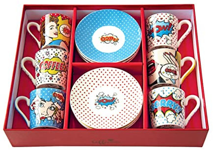 Easy life - easy life servizio caffe' set 6 tazzine espresso in porcellana capacita' ml. 100 con piattini in gift box linea pop art r0126#popt