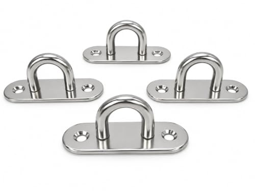 NOVSINO Edelstahl-Decken-Haken & Wandhaken M8, 4er-Pack | Geschlossene U-förmige Befestigungspunkte für Seile, Gurte und Clips; 8 mm Stange, 2-Loch-Platten und Befestigungsmaterial im