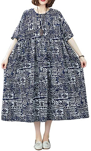 Versear Womens Cotton Linen Maxi Dresses Short Sleeve Boho Casual Swing Beach Kaftan Dress with Pockets