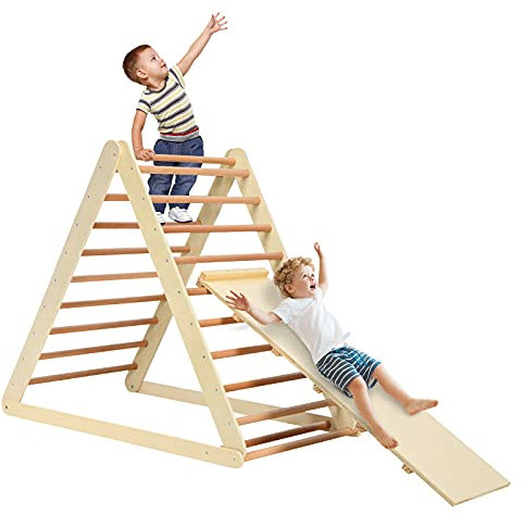 RELAX4LIFE Kletterdreieck Holz, Klappbares Klettergerüst mit Leiter, Spielzeug für Kinder ab 3 Jahre, Stabile dreieckige Struktur, Sprossendreieck für Wohnzimmer & Kinderzimmer & Kindergarten (Natur)