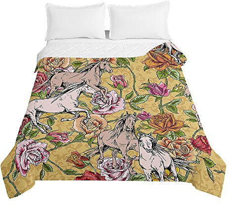 Surwin Tagesdecke Bettüberwurf Steppdecke für Doppelbett Einzelbett, Mikrofaser Wattiert Gesteppt Bettdecke 3D Pferd Druck Dünne Tagesdecken mit Ultraschall Prägung (Vintage Blumen,150x200cm)