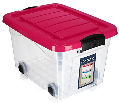 KADAX Kunststoffbehälter mit Rollen 20L, Rosa Aufbewahrungsbox aus Kunststoff, Organizer mit Deckel, Clipbox für Spielzeug, Aufbewahrungsbehälter mit Klickverschluss