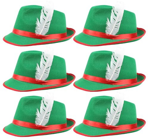 Damen Bayerische Mütze - 6er Pack - Grün und Rot Oktoberfest Bayerische Mütze mit Federdetail - Erwachsene Deutsch Tiroler Trilby Fasching Zubehör