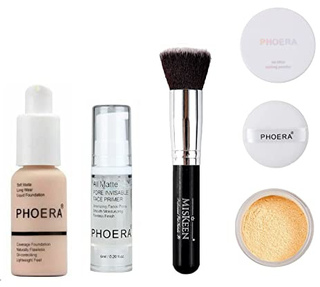 Phoera® Full Coverage Foundation, Primer, Setting Powder and MISKEEN Make-up-Pinsel, weich, matt, Ölkontrolle, Concealer, 30 ml, makellose Creme, glatte Aquapurität (101 Porzellan-Set)