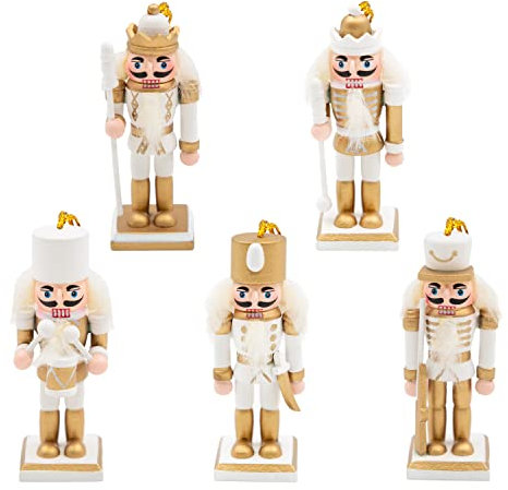 The Christmas Workshop 5PK Wooden Nutcrackers/Hanging Christmas Tree Decorations/Festive Ornaments (Gold and White)