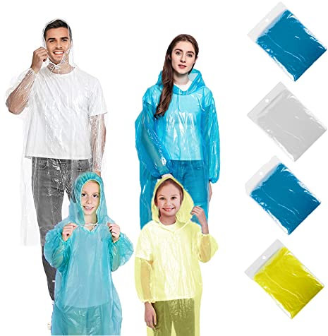 hoinya 4 Pack Disposable Rain Poncho, Waterproof Rain Ponchos for Adults and Kids Family Pack - Emergency Lightweight Raincoat with Hood and Sleeves for Camping Hiking Climbing