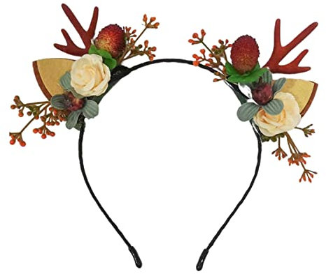 Bufenia Serre-tête en bois de Noël avec fleurs et baies, accessoire pour cheveux de renne, costume de fête pour femmes et filles (C)