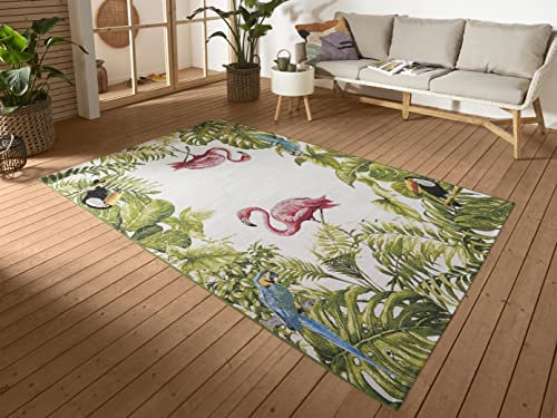 Hanse Home Tropical Birds In- & Outdoor Teppich – Flachgewebe Aussenteppich, Flamingo Jungel Palmen Design, ÖKO-TEX Wetterfest & UV-beständig für Balkon, Terrasse, Garten, Wohnzimmer - Bunt, 80x165cm