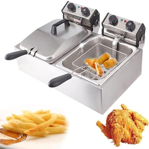 JIANGSS Friggitrici elettriche Grandi, Padella per trucioli Commerciale in Acciaio Inossidabile con 2 cestelli e coperchi, Temperatura Regolabile 60-200 °C, friggitrice Grande Senza fumi 12QT