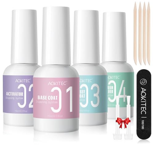 Aokitec Dip Powder Liquid Set, 15ml*4, Dip Base Top Gels Coats Dipping Powder Activator & Brush Saver Dip Powder Nail Kit Nail Dipping Powder Kit French Manicure Kit for Home DIY & Salon Use