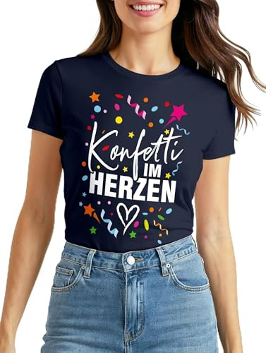 MoonWorks® Damen T-Shirt Fasching Karneval Konfetti im Herzen Kostüm-Ersatz Verkleidung Funshirt Frauen Navy S
