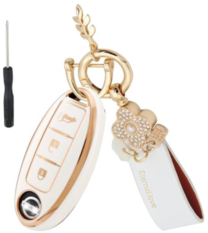 Gebiuhoo Coque de Clé de Voiture avec Porte-clés Trèfle à Quatre Feuilles Boitier Clé Voiture 3 Boutons pour Nissan Qashqai X-Trail Kicks Tiida Micra Pathfinder Note Juke (Blanc et Or)