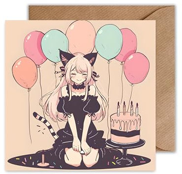 WBdesignz Anime Geburtstagskarte Neko Girl Birthday - Geburtstag Karte für Mädchen Glückwunschkarte Manga (125 x 125 mm)