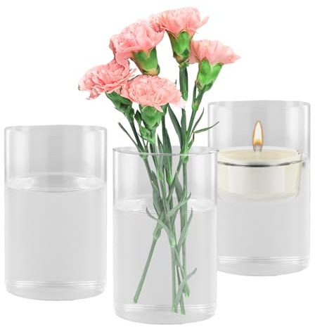 3er Glaszylinder mit Boden, Zylindervasen Set für Kerzen, Glasvase Gross 9.5x15cm, Dekogläser für Tischdeko, Schwimmkerzen (D)