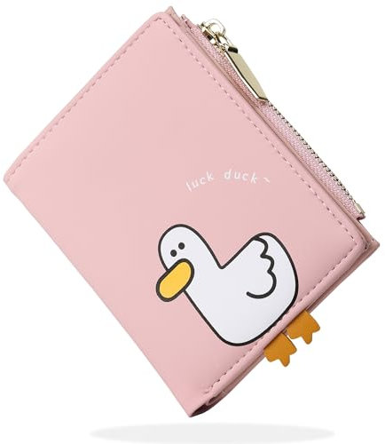 SNCCJ Süß Portemonnaie Damen, Bifold Leder Klein Geldbörse Damen mit RFID Schutz, Geldbeutel Mädchen mit Reißverschluss Münzbeutel (Ente Rosa)