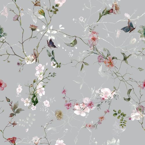 VEELIKE Papel Pintado Flores Gris Estaño Vintage Papel Pintado Estampado Flores Mariposas Acuarela Vinilos para Pared Hojas Gris Vinilo Decorativo para Muebles Dormitorio Pared Baño 44,5cmx300cm
