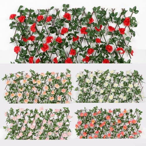 Treillis de jardin avec fleurs en soie, clôture en bois rétractable, brise-vue pour créer une ambiance chaleureuse (champagne)