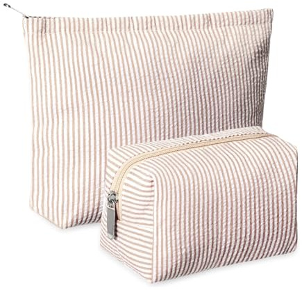 Huhumy 2 Pcs Makeup Bag Set Cute Cosmetic Pouch for Women Seersucker Travel Toiletry Bag Preppy Small Makeup Purse Pouch Aesthetic Skincare Brushes Storage Organizer for Valentine Women(Khaki)