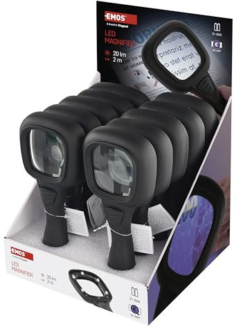 EMOS LED Leselupe mit LED- und UV-Licht, 2.5X Zoom, 10 Stück beleuchteten Handlupen für Senioren, Lesen, Inspektion, Münzen, Banknoten, Hobbies, inkl. Gestell und Batterien
