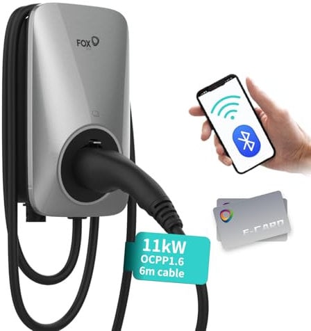 Fox ESS Typ 2 EV-Ladegerät, 11 kW, 3-Phasen EU-Standard Wallbox, für alle Elektrofahrzeuge, mit WiFi und RFID, 6 Meter Ladekabel, OCPP, Silber