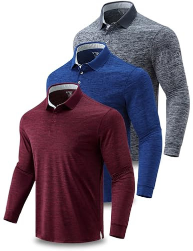 3 Pack: Dry Fit Long Sleeve Polo Shirts for Men, Athletic Collared Golf T-Shirts Performance Tops, Set 6, XL
