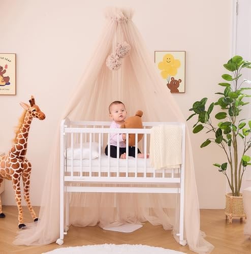 ALAVYA HOME® Betthimmel Tüll 120cm lang für Babybett & Wiege, Moskitonetz mit 2 Bommeln und Himmelstange I Babyzimmer Deko Schützt & Verzaubert Ihr Baby im Schlaf (Beige)