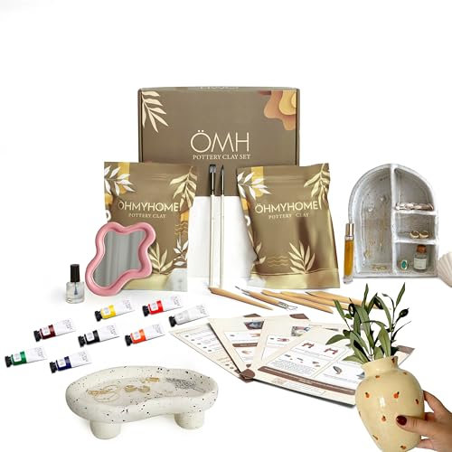 ÖHMYHOME Kit de Arcilla de Secado al Aire. Set Manualidades Ecológico de Arcilla. Incluye Barniz Brillante, Pinturas Acrílicas, Herramientas, Pinceles, Esponja y Manual en Español e Inglés (Premium)