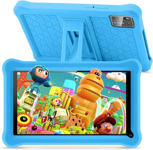Tablet per bambini 7 pollici Android 13 Tablet con Display IPS, 8GB RAM+64GB ROM(128 GB Espandibile), Controllo Parentale, Bluetooth, WiFi, App Pre-installed, Tablet Educativo con Custodia(Blu)